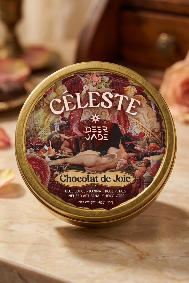 Chocolat de Joie kanna chocolate tin by Céleste x Deer Jade, with blue lotus, kanna and rose petals on the label