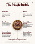The Magic Inside - Chocolat de Joie ingredients: kanna, Egyptian blue lotus, rose petals and single-origin cacao from Ecuador