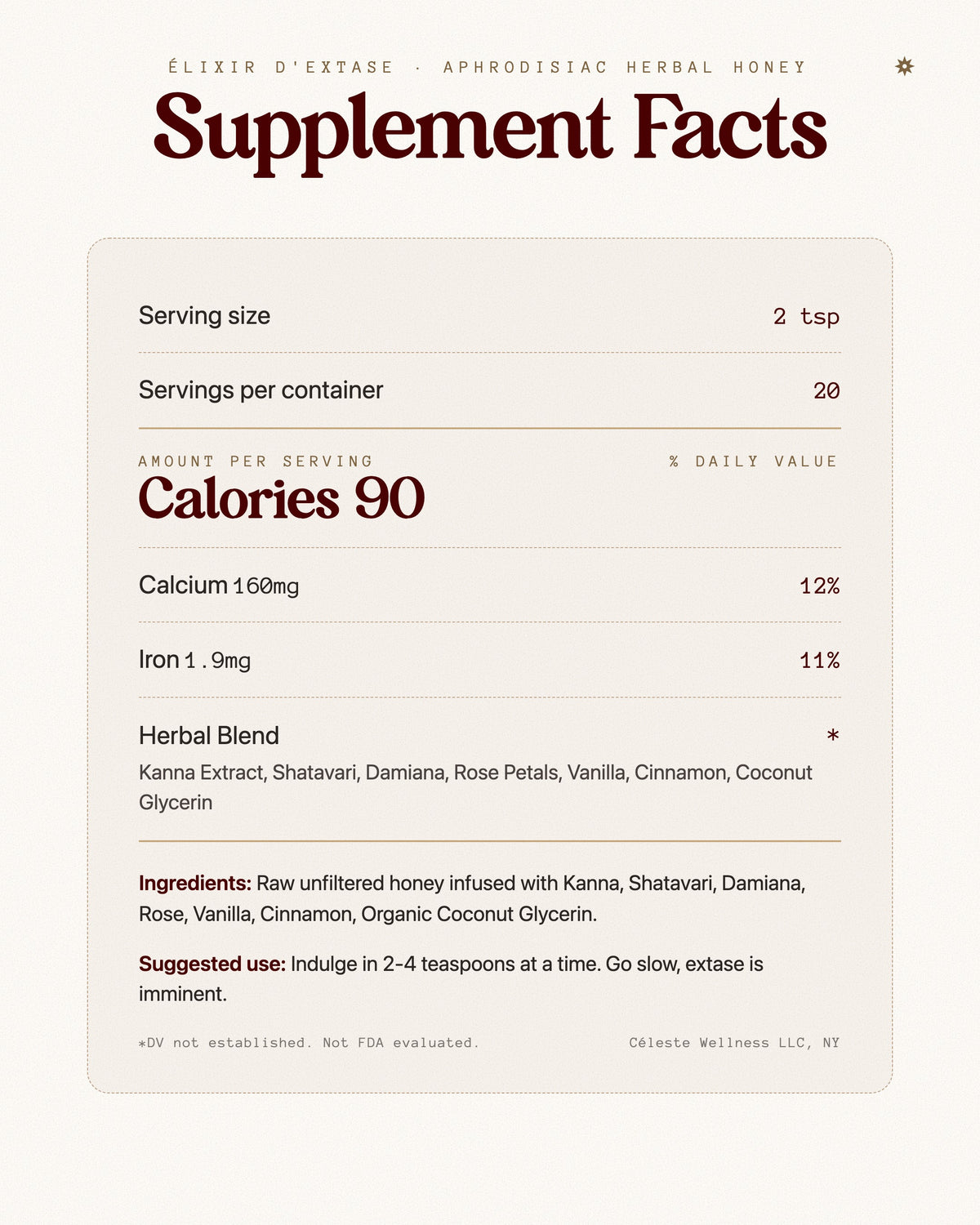 Supplement Facts - Élixir d'Extase kanna honey