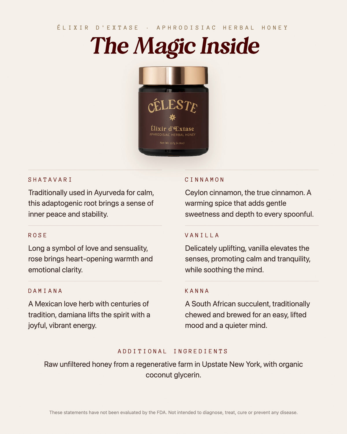 The Magic Inside - Élixir d'Extase ingredients: kanna, shatavari, damiana, rose, vanilla and Ceylon cinnamon in raw honey